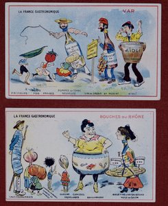 Salgsfremmende og pædagogiske kort til børn, der viser madspecialiteter fra Var og Bouches-du-Rhone-regionerne, ca. 1910 af French School